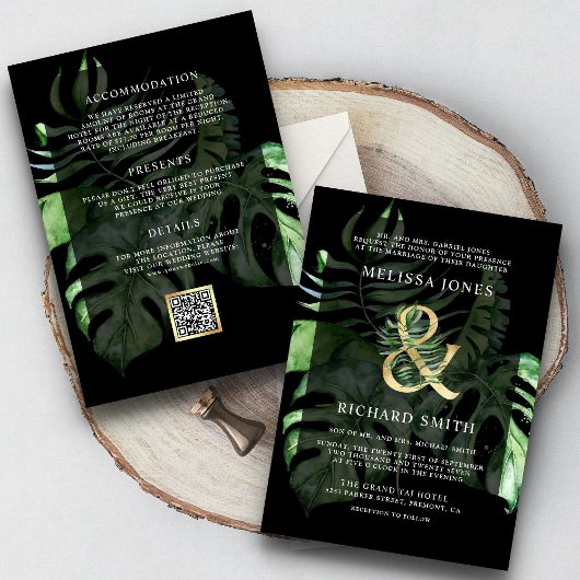 Tropical Gold Monstera Palm Black QR Code Hochzeit Einladung