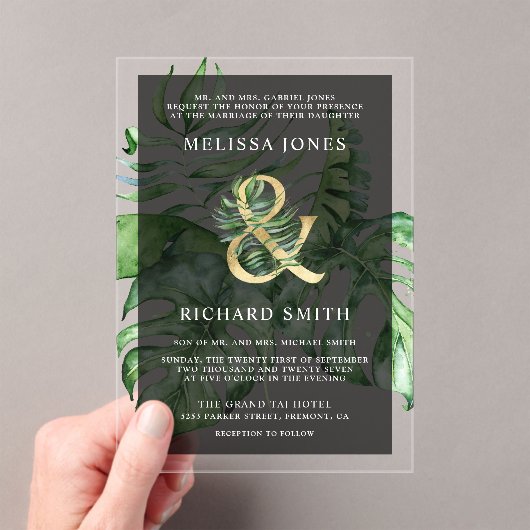 Tropical Gold Monstera Palm Black Wedding Acryleinladungen (Insitu (Handheld))
