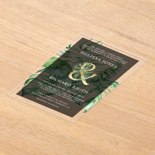 Tropical Gold Monstera Palm Black Wedding Acryleinladungen (Ablage )