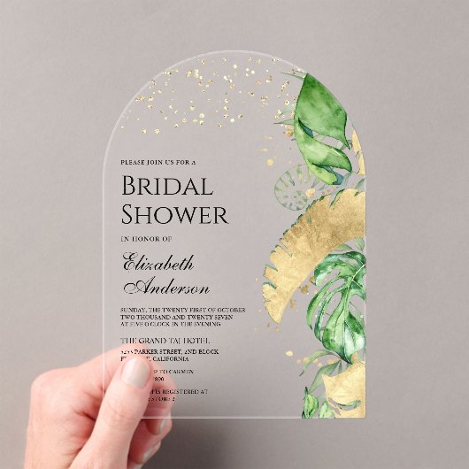 Tropical Gold Monstera Palm Bridal Shower Acryleinladungen (Insitu (Handheld))