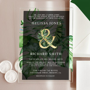 Tropical Gold Monstera Palm Schwarze Hochzeit Acryleinladungen