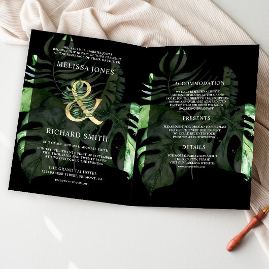 Tropical Gold Monstera Palm Schwarzer QR-Code Hoch Einladung