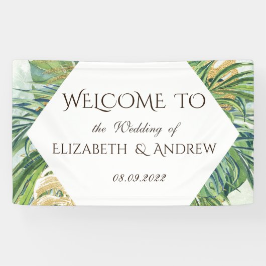 Tropical Gold Palm Blätter Summer Wedding Banner (Horizontal)