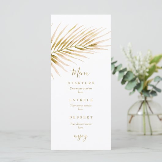 Tropical Gold Palm Hochzeit Menükarte (Stehend Vorderseite)