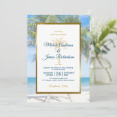 Tropical Gold Palm Tree Beach Foto Hochzeit Einladung (Stehend Vorderseite)