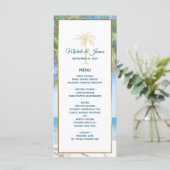 Tropical Gold Palm Tree Beach Foto Hochzeit Menükarte (Stehend Vorderseite)