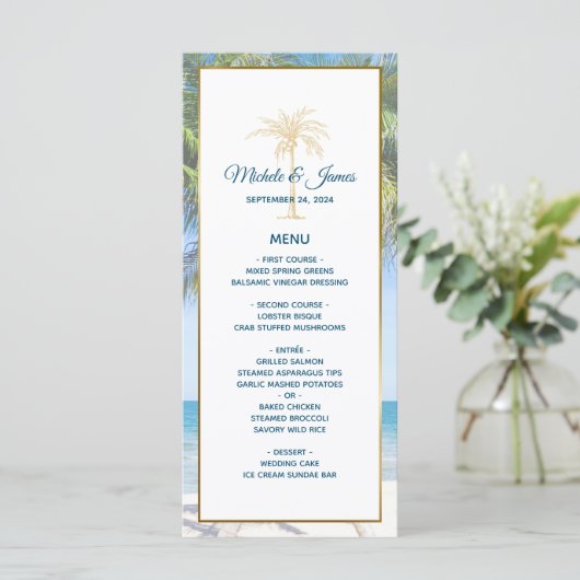 Tropical Gold Palm Tree Beach Foto Hochzeit Menükarte (Stehend Vorderseite)
