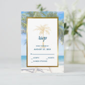 Tropical Gold Palm Tree Beach Foto Hochzeit RSVP Karte (Stehend Vorderseite)
