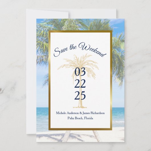 Tropical Gold Palm Tree Beach Foto Hochzeit Save The Date (Vorderseite)