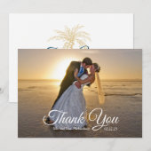 Tropical Gold Palm Tree Beach Hochzeitsfeier Foto Dankeskarte (Vorne/Hinten)