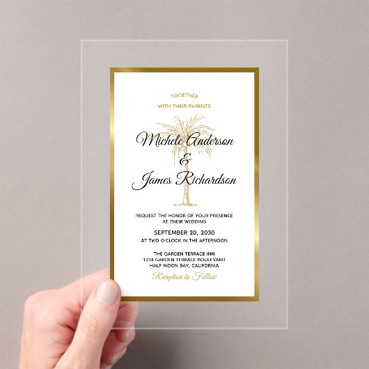 Tropical Gold Palm Tree Eleganter Strand Hochzeit Acryleinladungen (Insitu (Handheld))