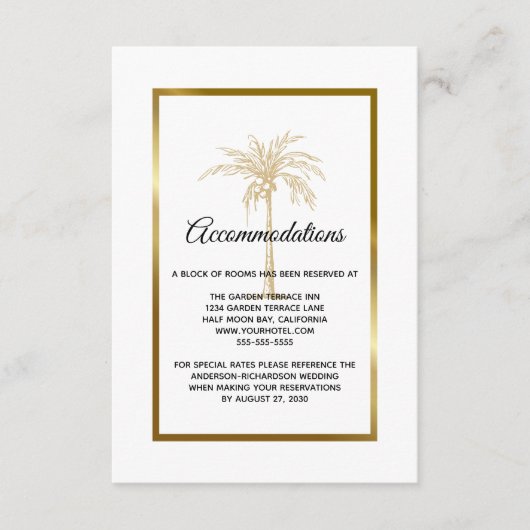 Tropical Gold Palm Tree Hochzeitsunterkunft Begleitkarte (Vorderseite)