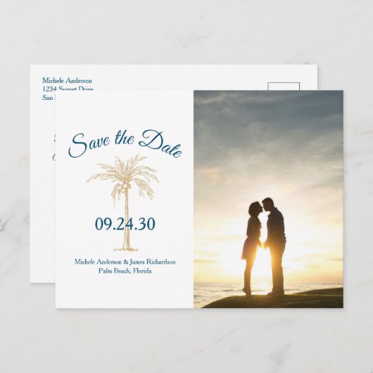 Tropical Gold Palm Tree Wedding Rett Date Foto Ankündigungspostkarte (Vorne/Hinten)