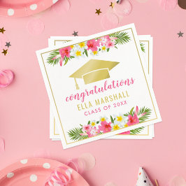 Tropical Gold Pink Floral Gratulationen Graduate Serviette