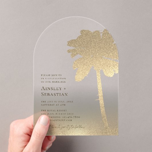 Tropical Gold Sand Palm Tree Boho Beach Wedding Acryleinladungen (Insitu (Handheld))