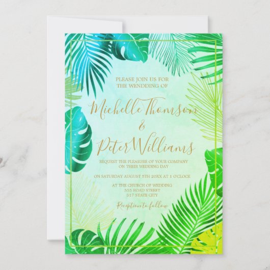 tropical gold watercolor wedding einladung (Vorderseite)