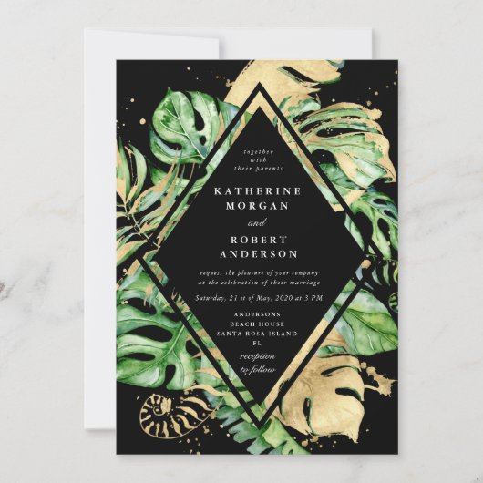Tropical Golden Foliage Wedding Einladung (Vorderseite)