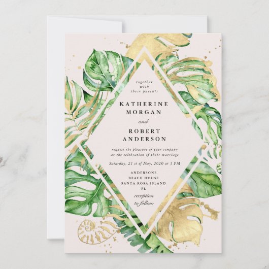 Tropical Golden Foliage Wedding Einladung (Vorderseite)