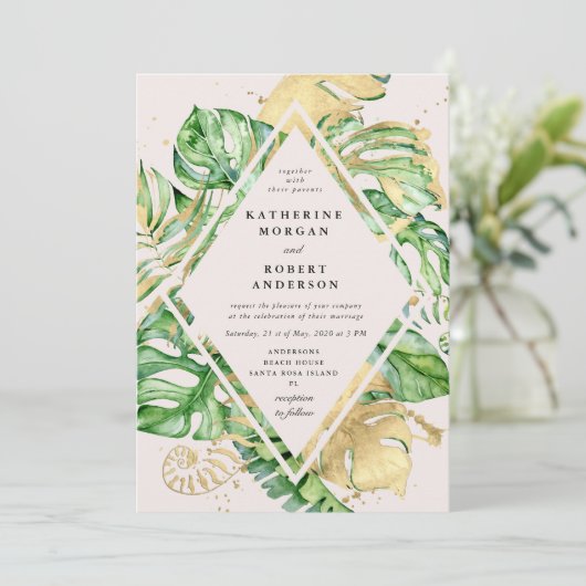 Tropical Golden Foliage Wedding Einladung (Stehend Vorderseite)