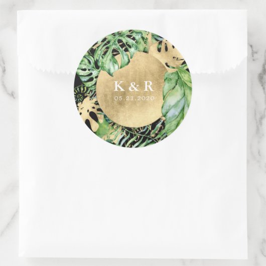 Tropical Golden Foliage Wedding Monogram Runder Aufkleber (Tasche)
