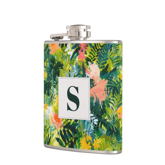 Tropical Green Abstrakt Botanical Mit Monogramm Flachmann (Links)