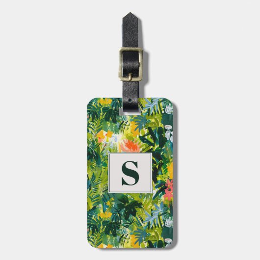 Tropical Green Abstrakt Botanical Mit Monogramm Gepäckanhänger (Vorderseite vertikal)