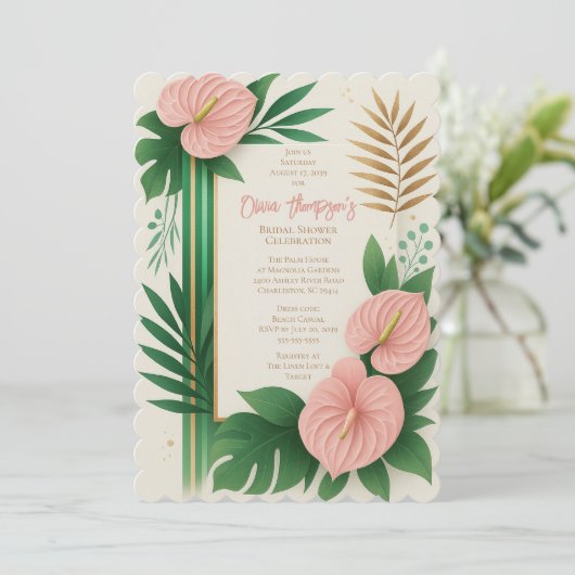 Tropical Green and Blush Floral Bridal Shower Einladung (Stehend Vorderseite)