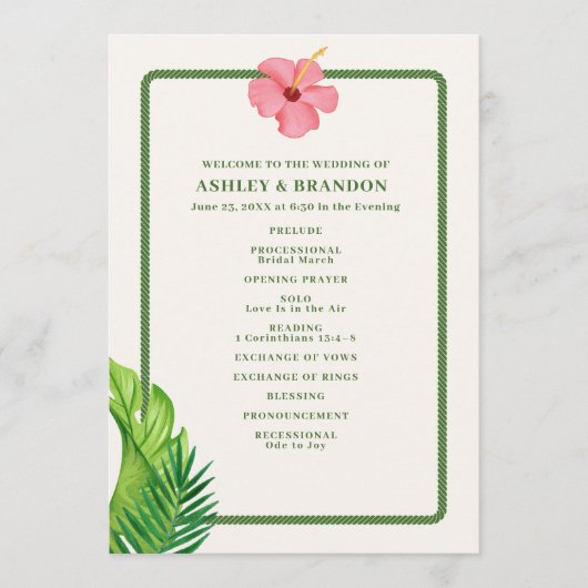 Tropical Green and Pink Flower Coastal Wedding Programm (Vorderseite)