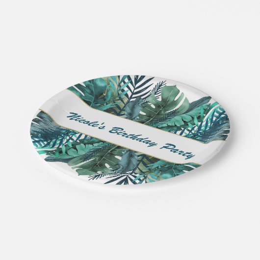 Tropical Green Aquamarin Blätter Elegante White We Pappteller (Schrägansicht)