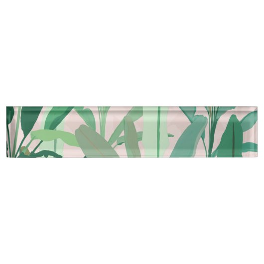 Tropical Green Banana Leaves Pink Pattern Namensplakette (Vorderseite)