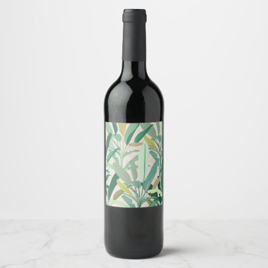 Tropical Green Banana Leaves Pink Pattern Weinetikett (Vorderseite)