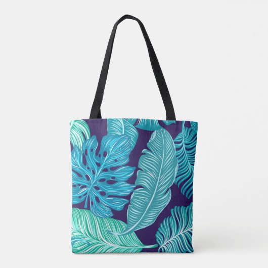 Tropical Green Blue Blätter Muster Tasche (Rückseite)