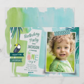 Tropical Green & Blue Jungle Watercolor Boy Einladung (Vorne/Hinten)