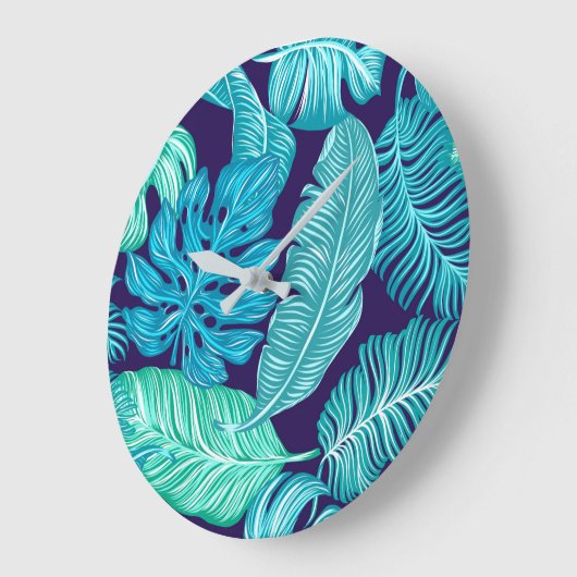 Tropical Green Blue Leaves Pattern Große Wanduhr (Winkel)