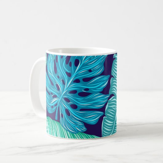 Tropical Green Blue Leaves Pattern Kaffeetasse (Vorderseite Links)