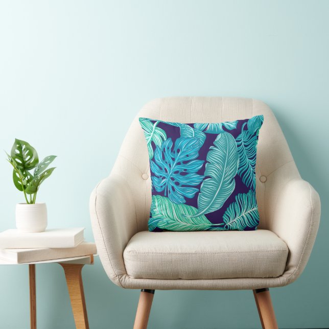 Tropical Green Blue Leaves Pattern Kissen (Stuhl )