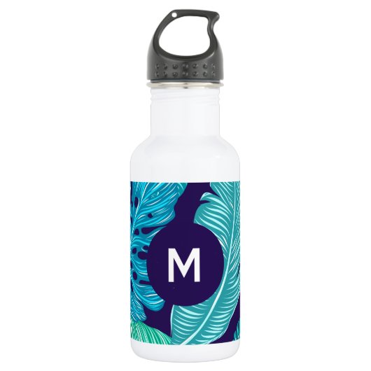 Tropical Green Blue Leaves Pattern Monogram Edelstahlflasche (Vorderseite)