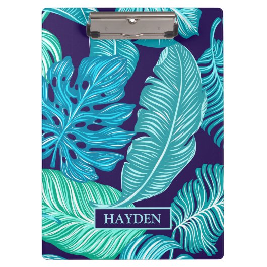 Tropical Green Blue Leaves Pattern Personalised Klemmbrett (Vorderseite)