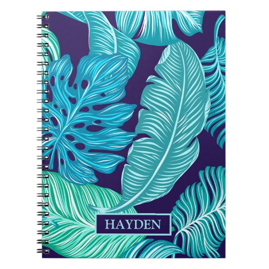 Tropical Green Blue Leaves Pattern Personalised Notizblock (Vorderseite)