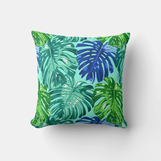 Tropical Green Blue Monstera Palm Blätter Kissen (Vorderseite)