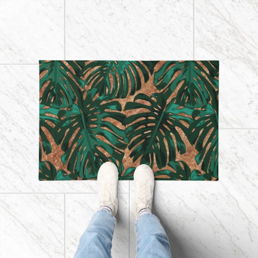 Tropical Green Brown Dschungel Blätter Muster Fußmatte (Indoor)