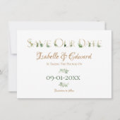 Tropical Green & Gold Monstera Blätter Alphabet Save The Date (Vorderseite)