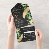 Tropical Green Gold Monstera Palm Black Wedding All In One Einladung (Abreißen)