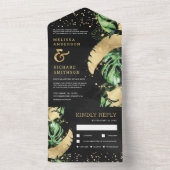 Tropical Green Gold Monstera Palm Black Wedding All In One Einladung (Innen Boden)