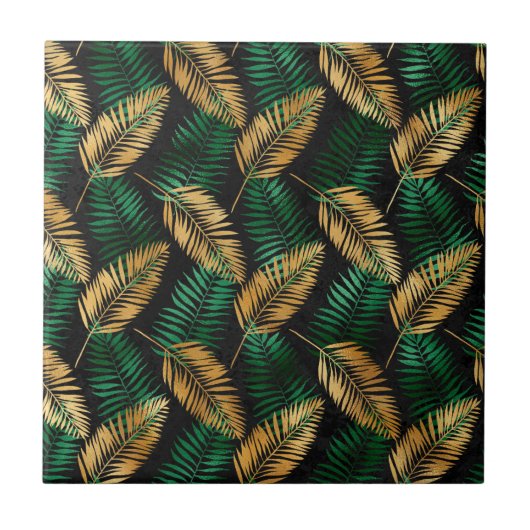 Tropical Green Gold Palm Blätter Glam Fliese (Vorderseite)