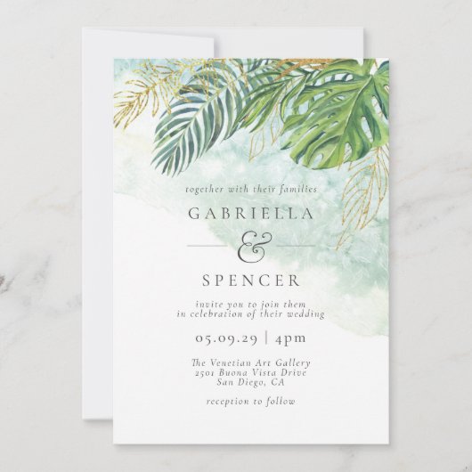 Tropical Green Gold Watercolor Blätter Wedding Einladung (Vorderseite)