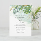 Tropical Green Gold Watercolor Blätter Wedding Einladung (Stehend Vorderseite)