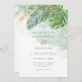 Tropical Green Gold Watercolor Blätter Wedding Einladung (Vorne/Hinten)