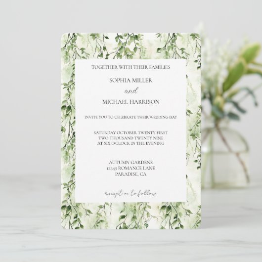 Tropical Green Ivy Wedding Einladung (Stehend Vorderseite)