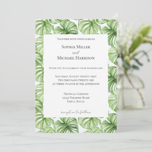 Tropical Green Leaves Wedding Einladung (Stehend Vorderseite)